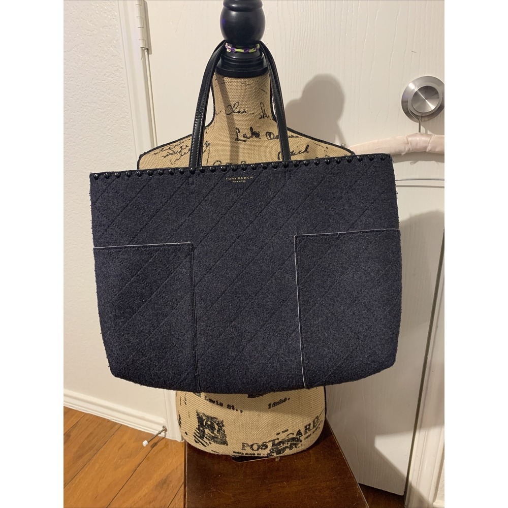 TORY BURCH Block T Dark Gray Black Felt Fabric Large Tote Bag